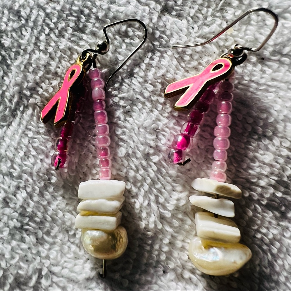 Handmade beadwork breast cancer awareness earrings